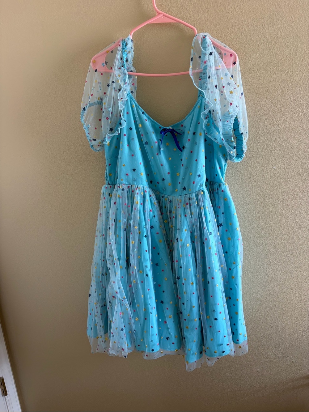 Smak Parlour Blue multi star mini dress with puff sleeves